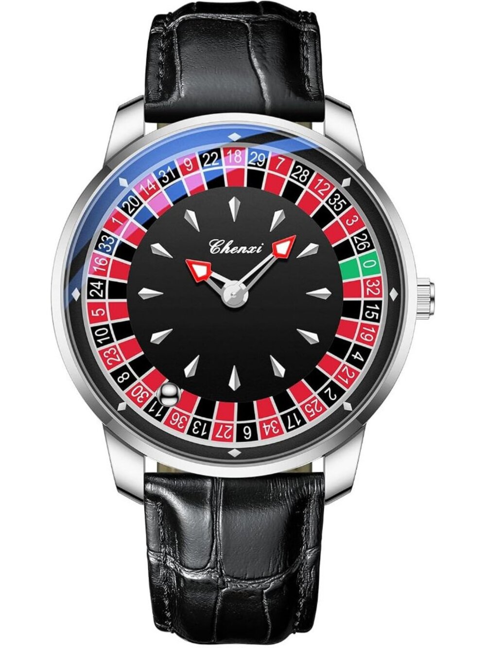 Men's Silver Black Rotating Dial Black Genuine Leather Strap Large Face Watch
